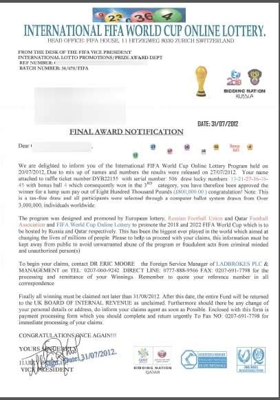 £1m International FIFA World Cup online lottery scam warning.